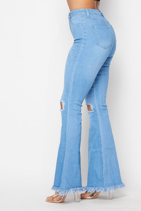 Super High Waisted Slit Distressed Bell Bottoms - Light Denim - SohoGirl.com